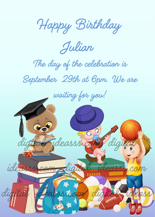 Teddy bear sitting on a row of books, teaching two children who just want to play. Printable birthday card for boys 6-12. 