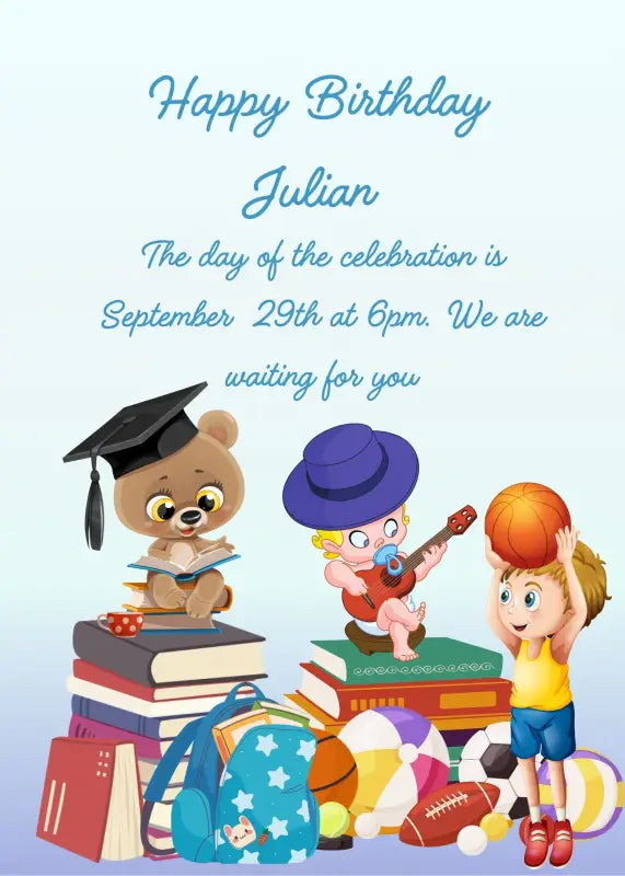 Teddy bear sitting on a row of books, teaching two children who just want to play. Printable birthday card for boys 6-12.