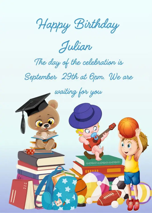 Teddy bear sitting on a row of books, teaching two children who just want to play. Printable birthday card for boys 6-12.
