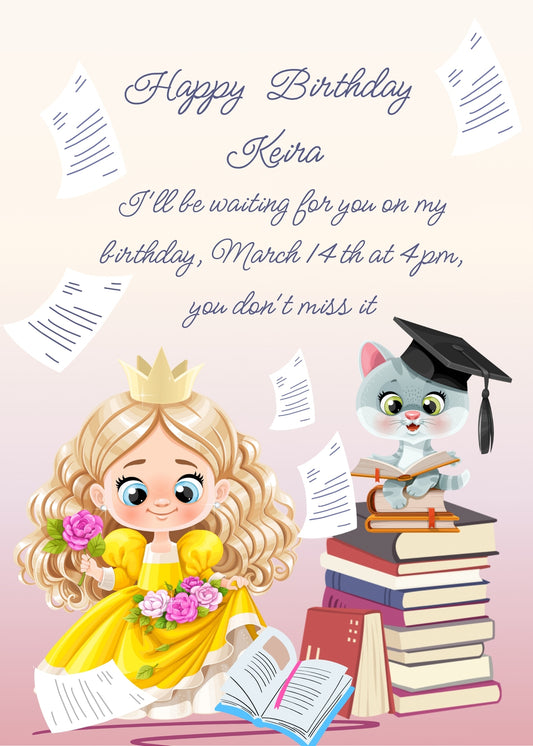 A little princess is studying. Her study companion, a funny little kitten, sitting with a book between his paws, is making a bit of a mess. Printable birthday card for girls 6-12.