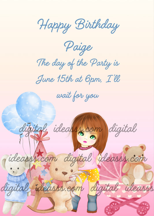 Little girl with her stuffed toys, and balloons. Printable birthday card for girls 5-10. 