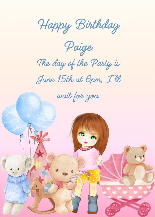 Little girl with her stuffed toys, and balloons. Printable birthday card for girls 5-10.