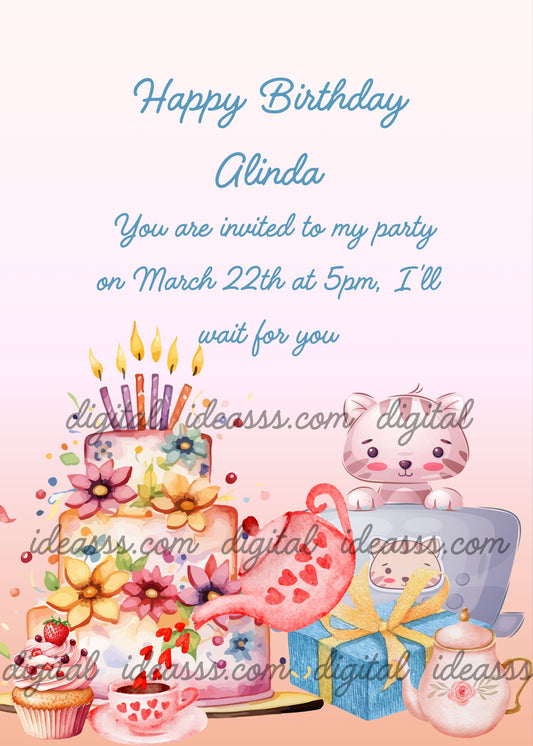 Cake with flowers, kitten looks out from inside a cup, and watches the teapot pouring hearts. A gift package, and cupcakes. Printable birthday card for 
kids 6-12.