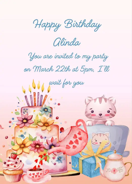 Cake with flowers, kitten looks out from inside a cup, and watches the teapot pouring hearts. A gift package, and cupcakes. Printable birthday card for 
kids 6-12.