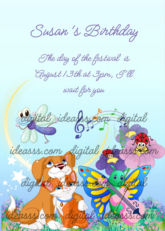 Summer night with moon, two friends dog and cat, and a butterfly playing the cello for them. Printable birthday card for kids 5-12. 