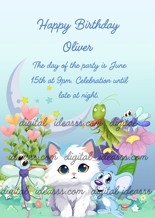 Kitten and mouse are in a flower garden. A cricket plays the violin for butterflies. Printable birthday card for kids 1-12.