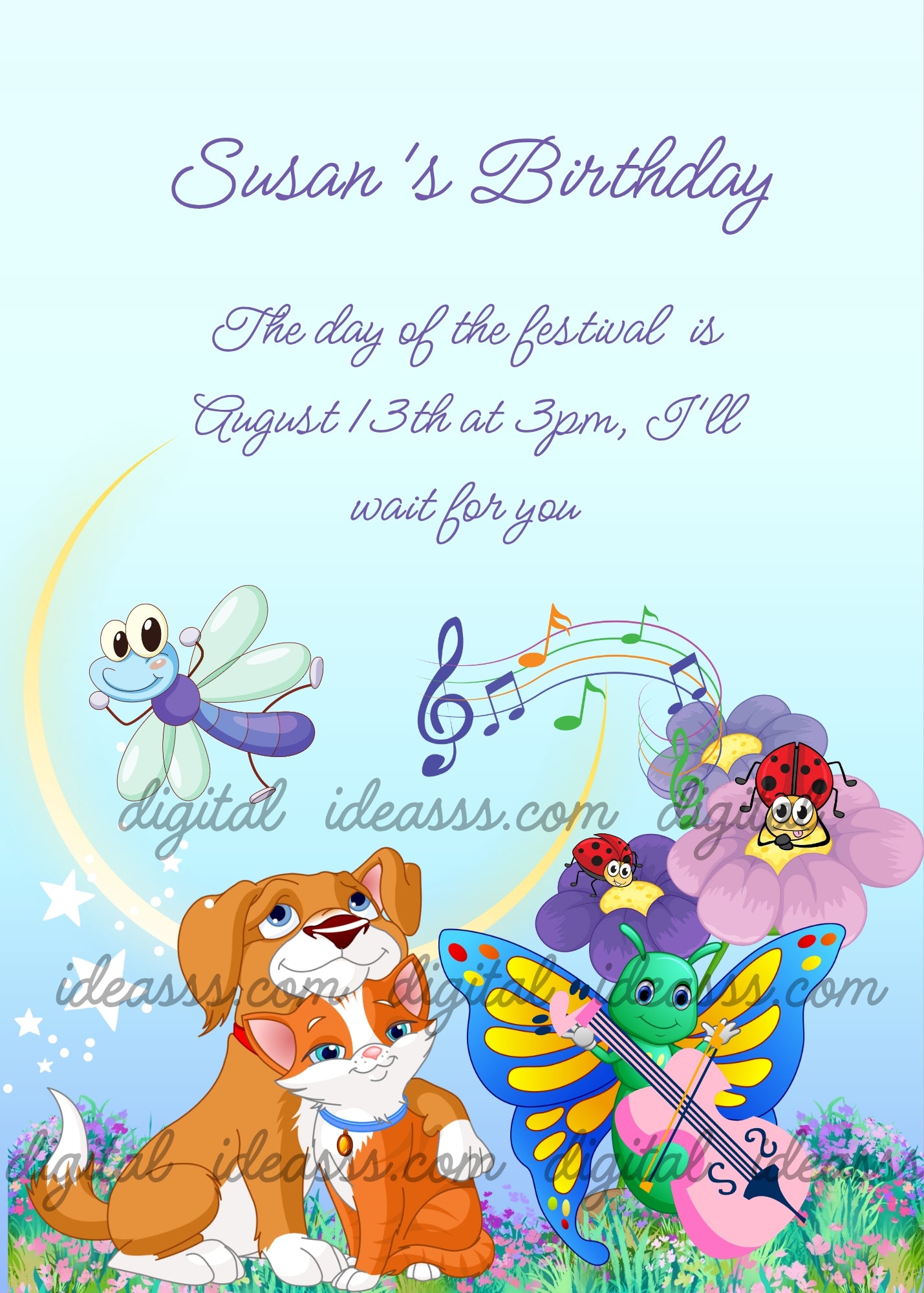 Summer night with moon, two friends dog and cat, and a nocturnal butterfly playing the cello for them. Printable birthday card for kids 5-12. 