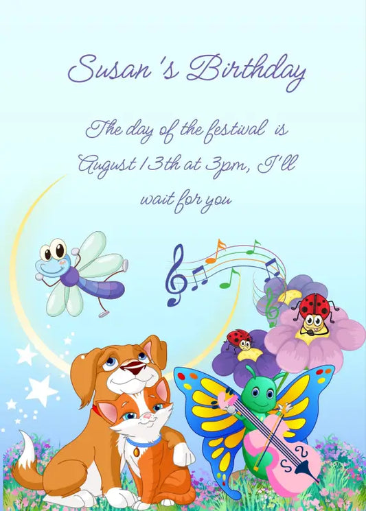 Summer night with moon, two friends dog and cat, and a butterfly playing the cello for them. Printable birthday card for kids 5-12.