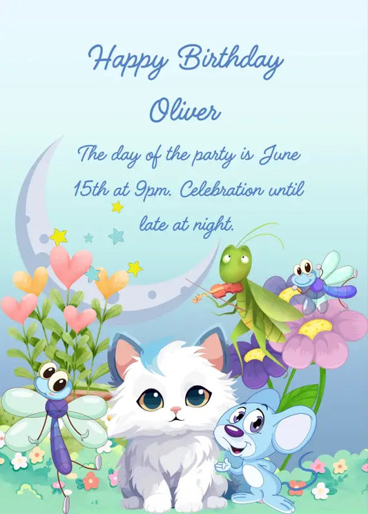 Kitten and mouse are in a flower garden. A cricket plays the violin for butterflies. Printable birthday card for kids 1-12.