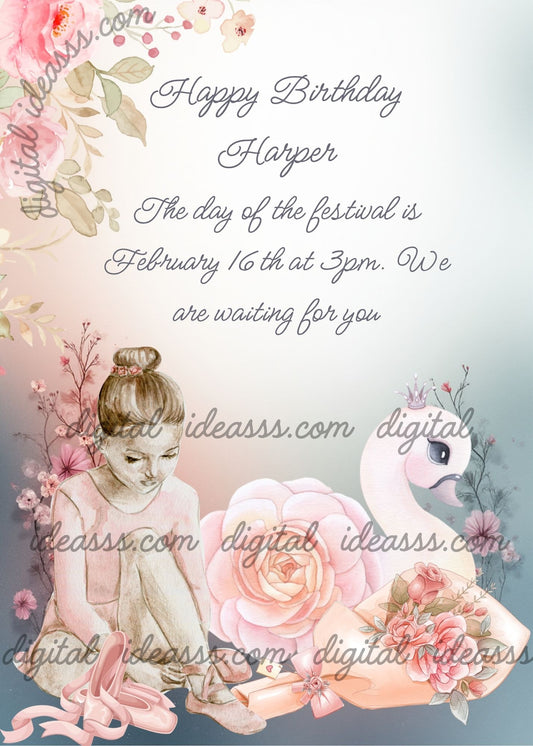 A classical dancer sitting on the floor tying her shoes. Next to her is a swan half flower, and a bouquet of flowers. Printable birthday card for girls 10-14.