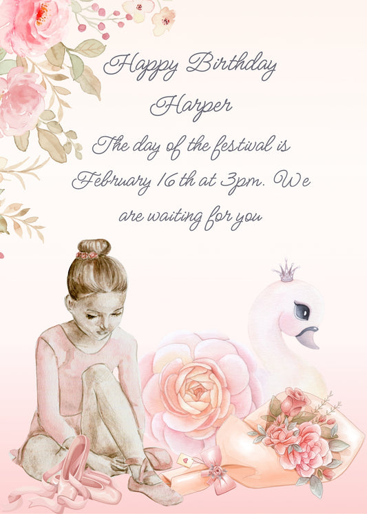 Elegant card, with a ballerina sitting on the floor changing her shoes. Bouquet of flowers, and a swan halfway throught the flower. Printable birthday card for girls
 10-14.