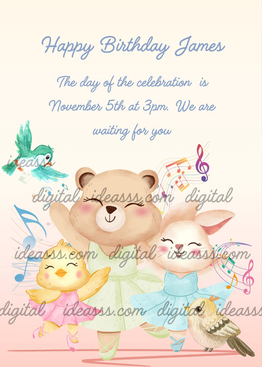 A teddy bear, a bunny, and a canary dance together. Musical notes fill the air. Printable birthday card for kids 1-7.
