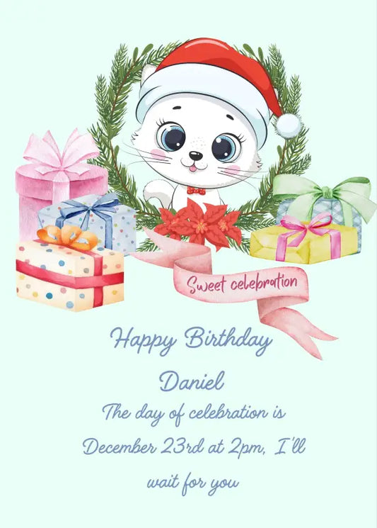 Trilly the kitten, with a Christmas frame hat, and gift packages.  Printable birthday Christmas card for kids 1-9. 