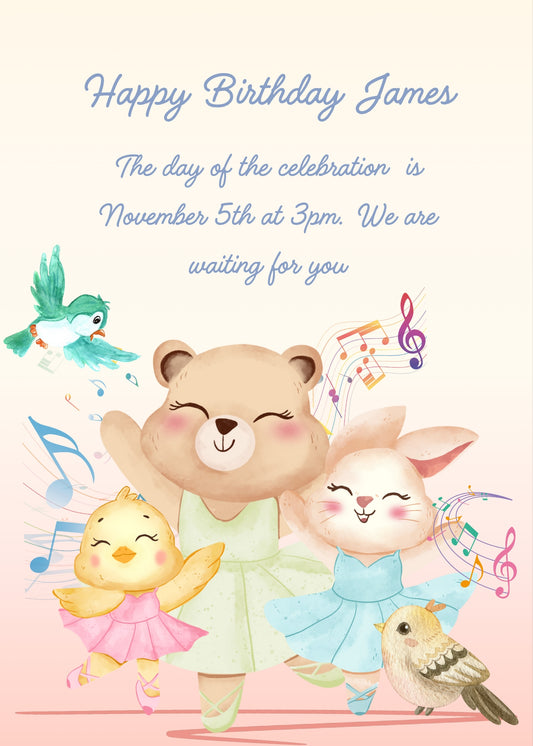 A teddy bear, a bunny, and a canary are dancing happily. Printable birthday card for kids 1-7.