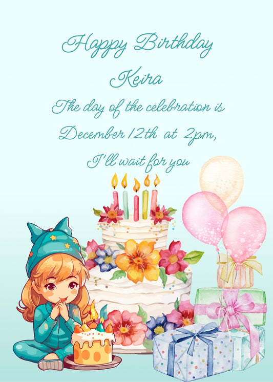 Little girl sitting on the floor, looking at a slice of cake. In the background a birthday cake with flowers, gift boxes, and balloons. Printable birthday card for girls 5-12.