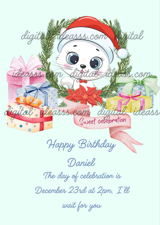 Trilly the kitten, with a Christmas frame hat, and gift packages.  Printable birthday & Christmas card for kids 1-9.