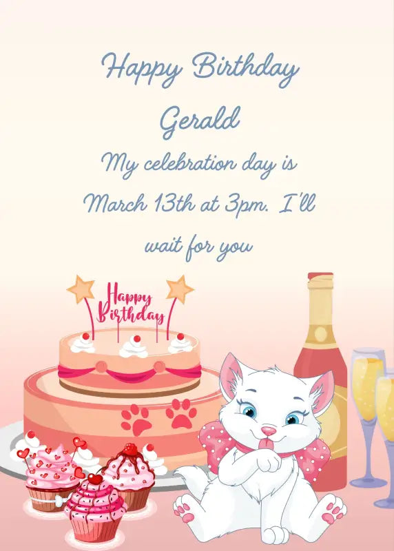 Cute kitten sitting, licking his paw after resting it on the cake. Cupcakes bottle of sparkling wine and glasses next to him. Printable birthday card for kids 5-12.