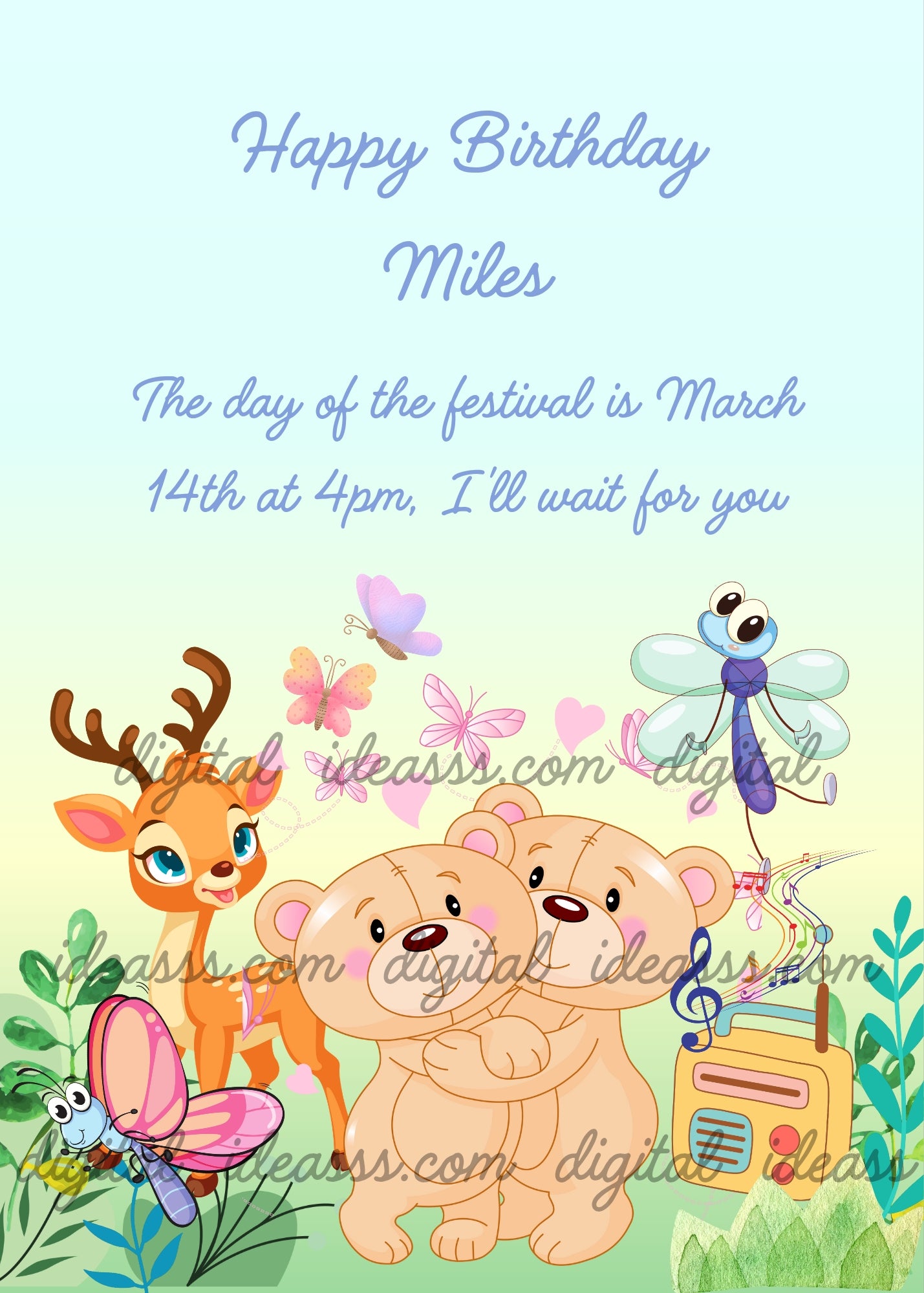 Two teddy bears, in a forest dance to the music of a radio; a deer watches them. Printable birthday card for kids 1-7.