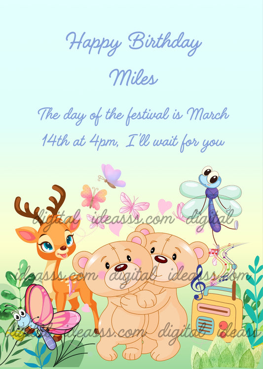 Two teddy bears, in a garden dance to the music of a radio; a deer watches them. Printable birthday card for kids 1-7.