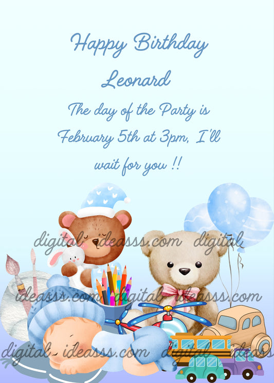 Child feel asleep among his toys. Teddy bears, cars, and balloons. Printable birthday card for boys 1-8. 