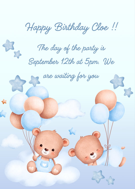 Two cute teddy bears flying on a clouds with balloons. One is sitting on a cloud, the other is sleeping. Printable birthday card for kids 1-9.