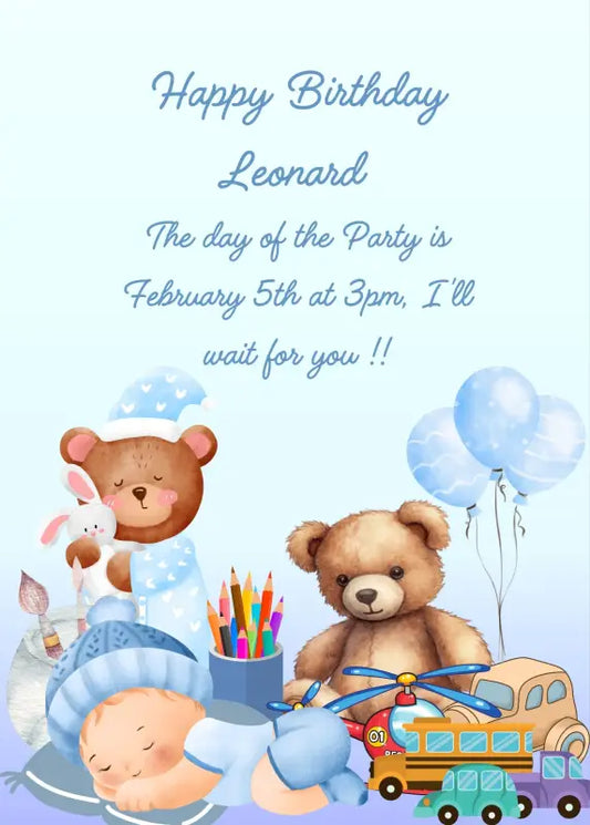 Child feel asleep among his toys. Teddy bears, cars, and balloons. Printable birthday card for boys 1-8.