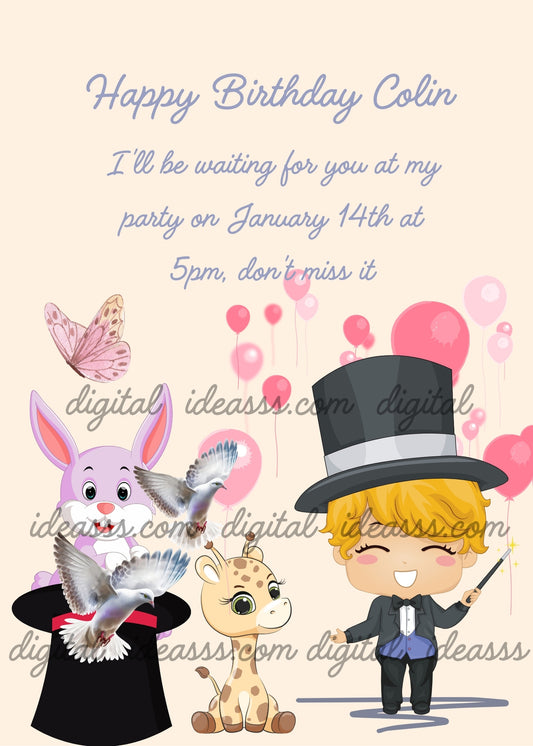 Child plays the magician. Cute animals emerge from his magic hat. Printable birthday card for boys 6-12. 
