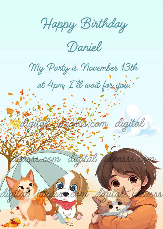 A child holds a kitten. A puppy shelters under an umbrella, while another kitten watches the leaves blowing in the wind. Printable birthday card for boys 8-14. 