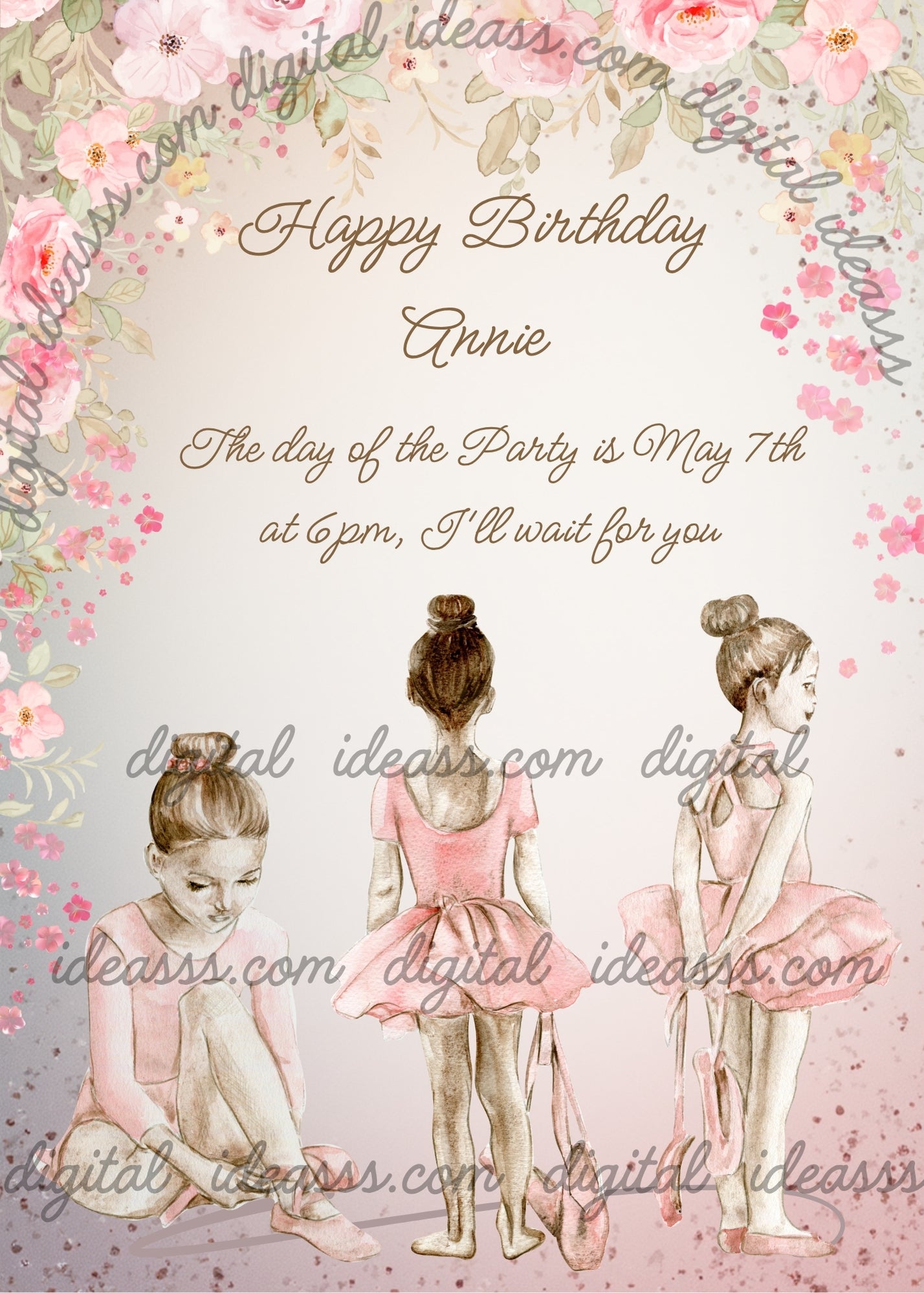 Classical ballet dancers on break, with floral decoration. Printable birthday card for girls 10-14. 