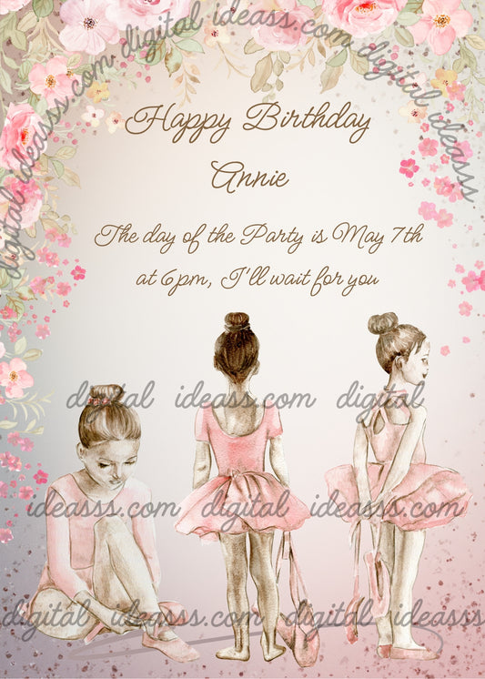 Classical ballet dancers on break, with floral decoration. Printable birthday card for girls 10-14. 