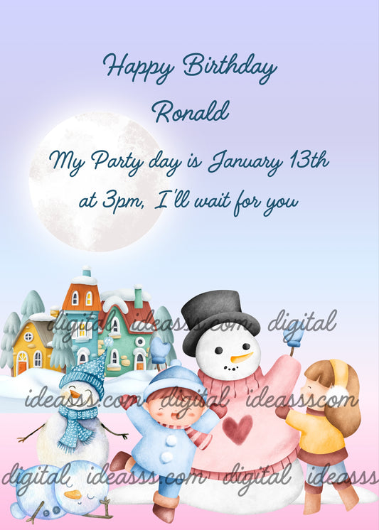 Snowy landscape, moon in the background, and two happy children building snowman. Printable birthday card for kids 1-12.