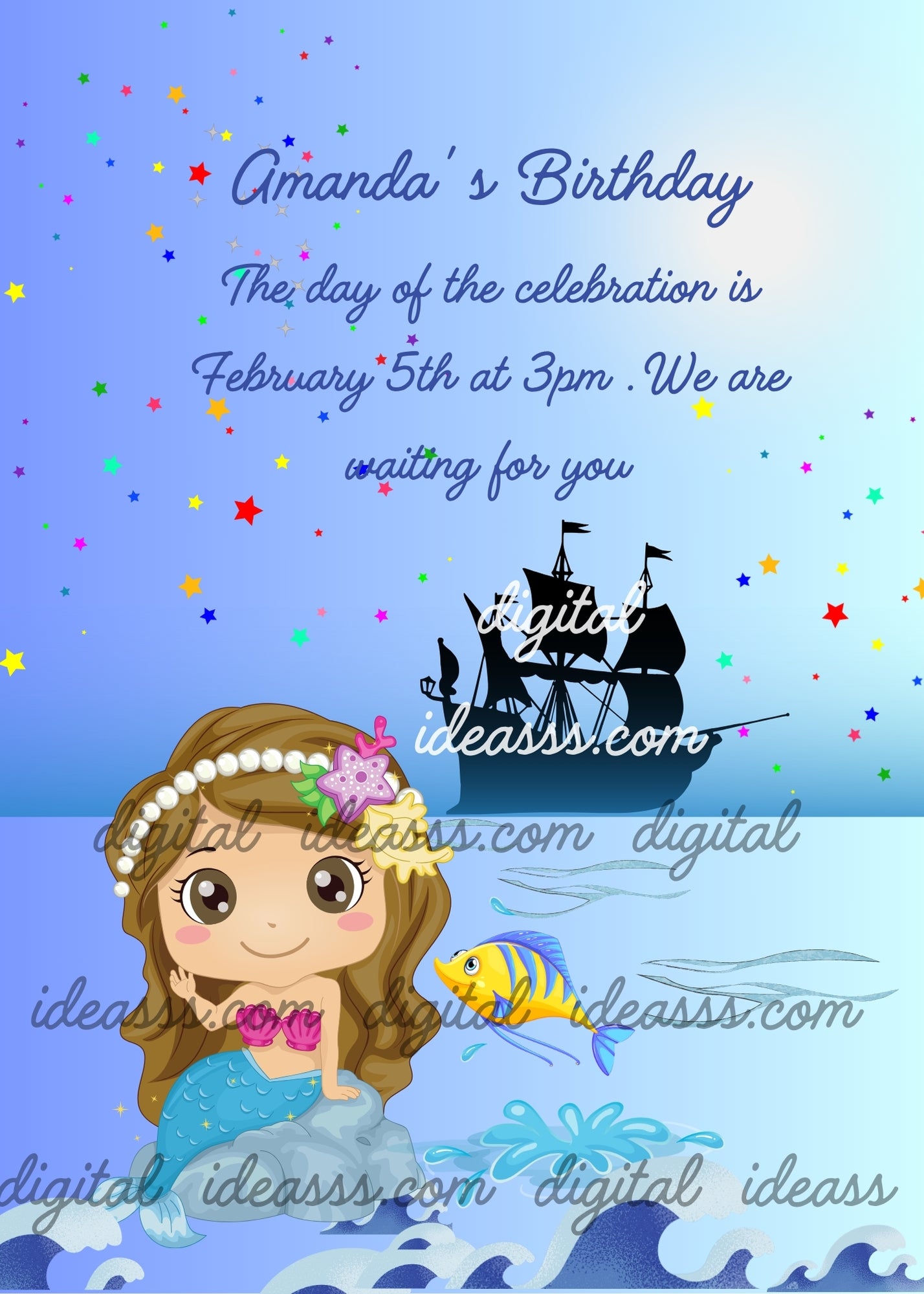 It's the Little Mermaid from Andersen's famous fairy tale, with the sailing ship in the background. Printable birthday card for girls 5-10.