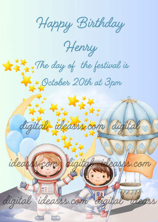 Two children dressed as astronauts arrived on a planet with a hot air balloon. In the background the moon and Milky way. Printable birthday card for kids 5-12. 