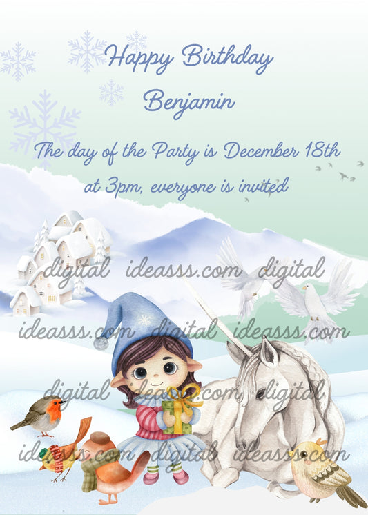 A fairy holds a gift; next to it a white unicorn. Background with snowy landscape. Printable birthday card for
 kids  6-12. 