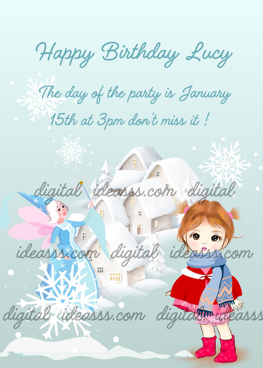 A cute little girl with snowy landscape in the background, snowflakes, and a fairy with wings. Printable birthday & Christmas card for girls 6-12.
