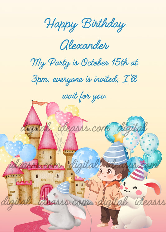 Child and bunnies, with party hats. In the background a castle decorated with lots of balloons. Printable birthday card for boys 1-9.