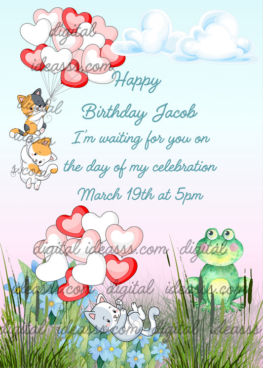 Cute kittens play with balloons trying to fly. A frog in a pond watches them. Printable birthday card for kids 1-9. 