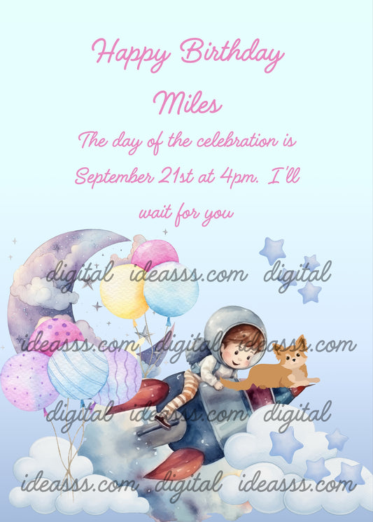 Child with space rocket and puppy, flying to the balloon moon. Printable birthday card for boys 6-13.