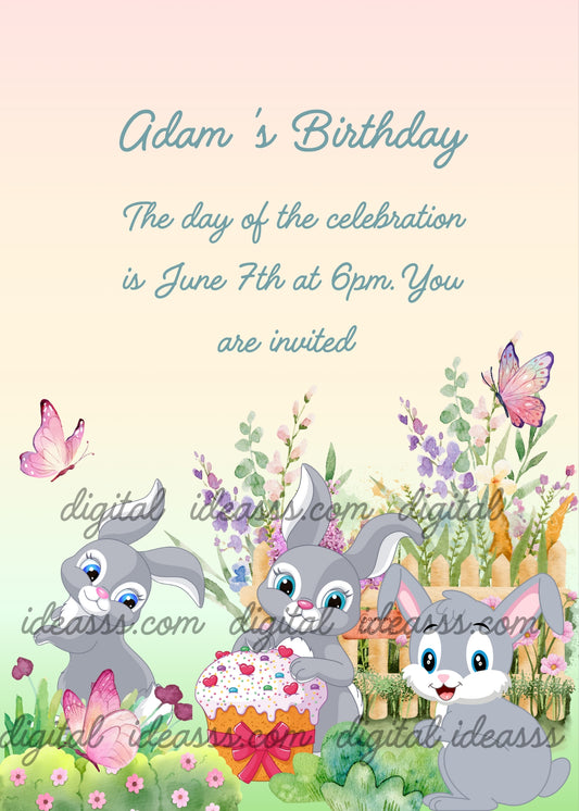 Three bunnies in a flower garden with a delicious cake. Printable birthday card for kids 1-9. 