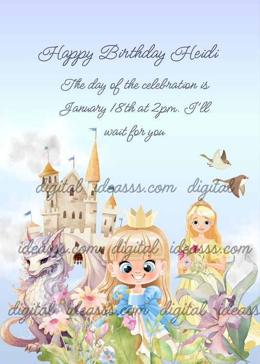 Two princesses among the flowers of a garden, a castle in the background, and a white dragon. Printable birthday card for girls 6-12.