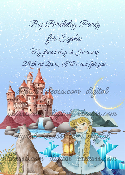 Magical landscape with castle, frozen lake and moon, while it is snowing. A princess with a lantern and a wolf next to her. Printable birthday card for kids 9-14. 