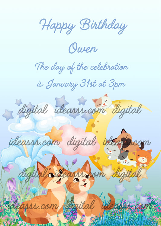 A flowery meadow, two kittens looking at the moon in wonder, because it is inhabited by cats. Printable birthday card for kids 5-12. 