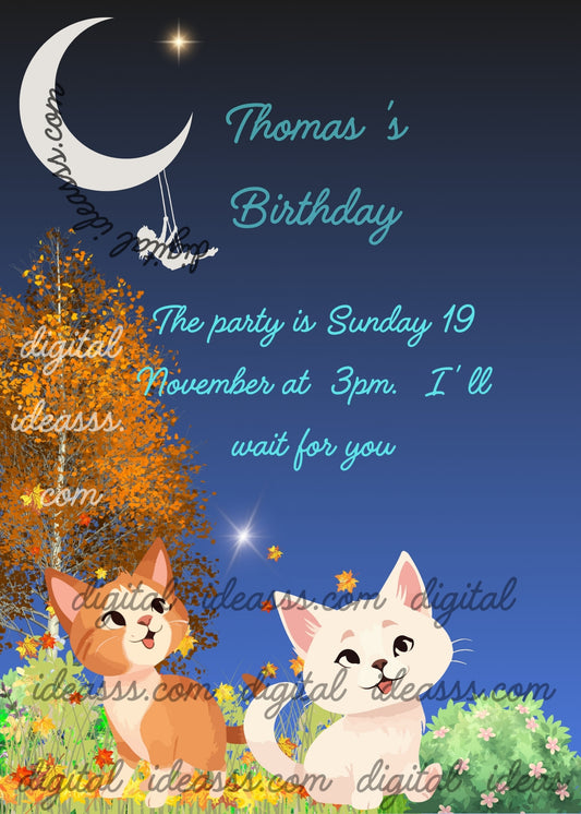 It's autumn, two kittens are in the garden and surprised too see a girl on the moon. Printable birthday card for kids  5-12.