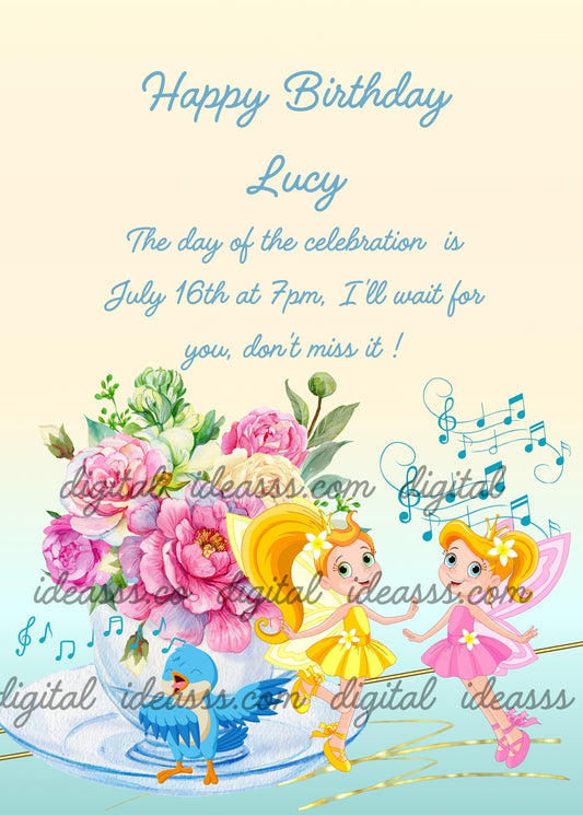 Two fairies dance on a table near a vase of peonies, while a little bird sings to them. Printable birthday card for girls 6-12.