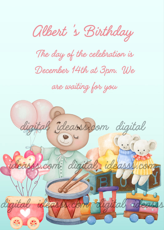 A cute teddy bear with balloons and blue pajamas with other toys. In the foreground a drummer, and locomotive. Printable birthday card for kids 1-8.