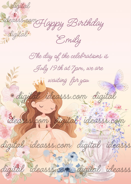 Delicate princess with magic wand, in her rose garden. Dominant color light pink. Printable birthday card for girls 9-14.
