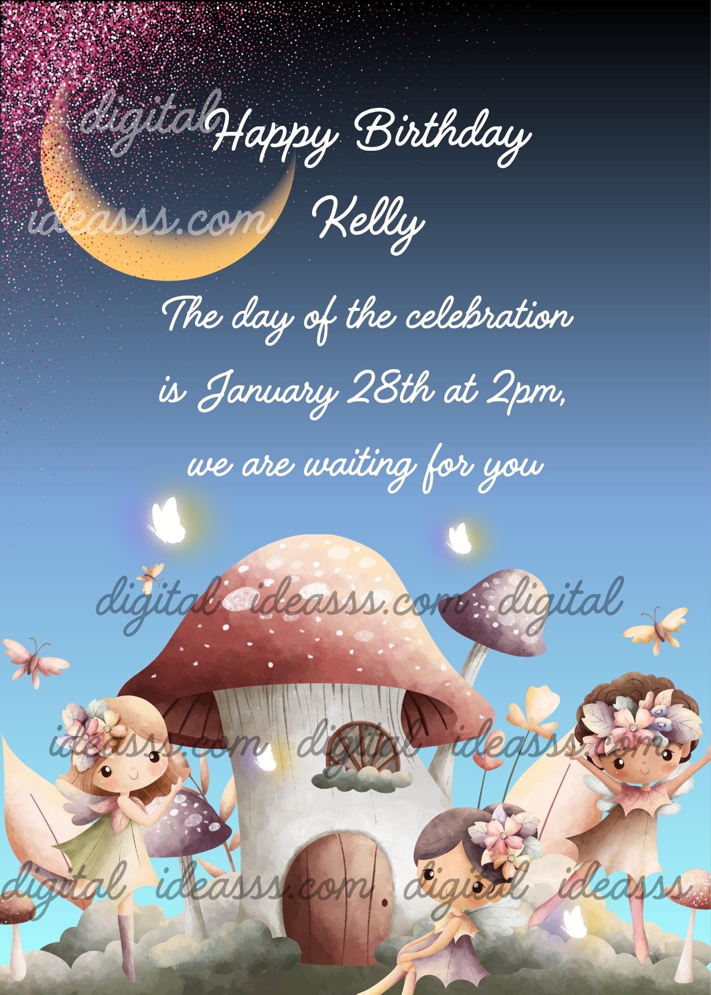 It's night in the fairy village, with its mushroom-shaped houses and crescent moon. Printable birthday card for girls 
8-12.