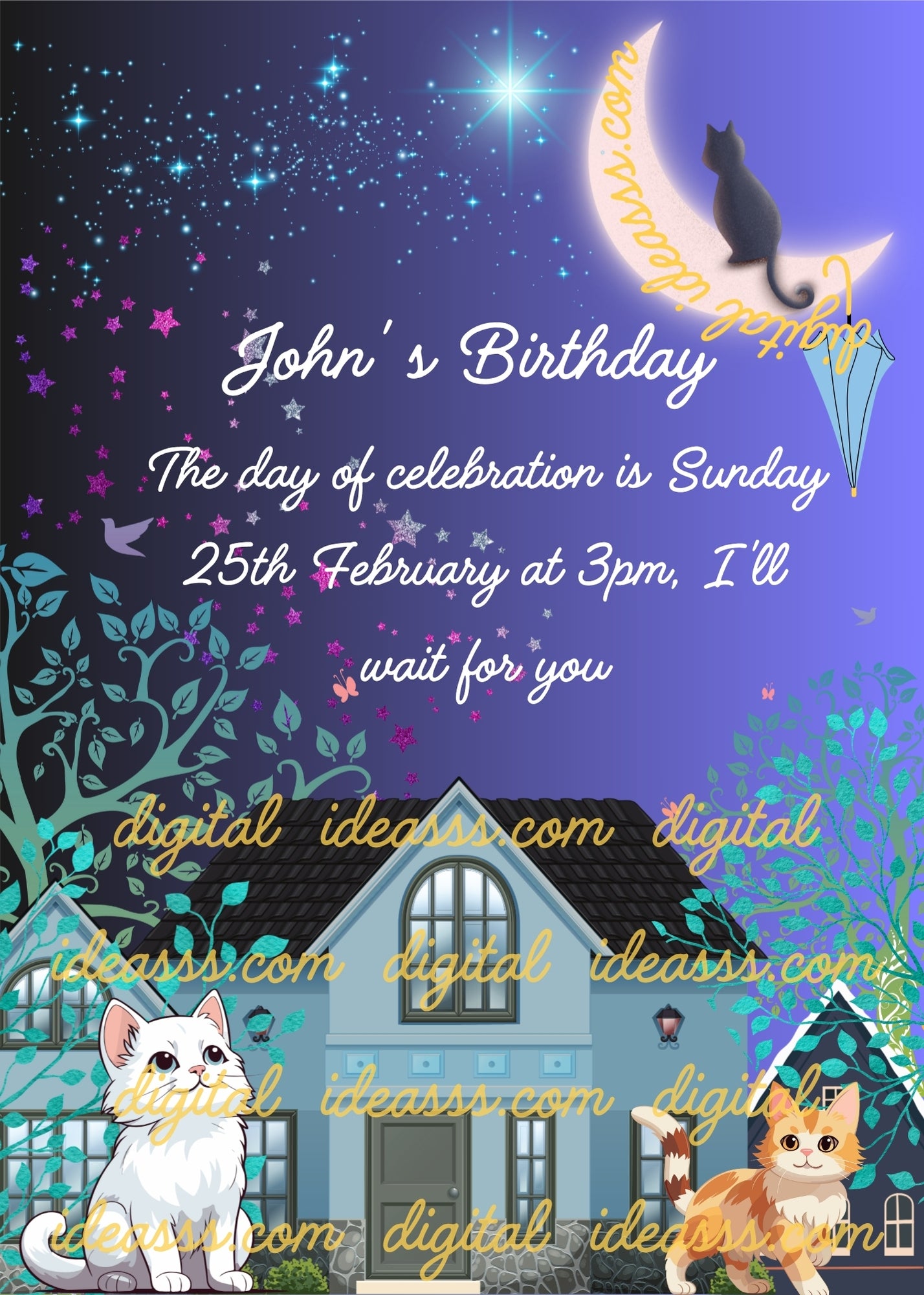 Houses in the moonlight, and kittens in the garden. One of them observes a kitten on the moon with an umbrella. Printable birthday card for kids 6-13. 