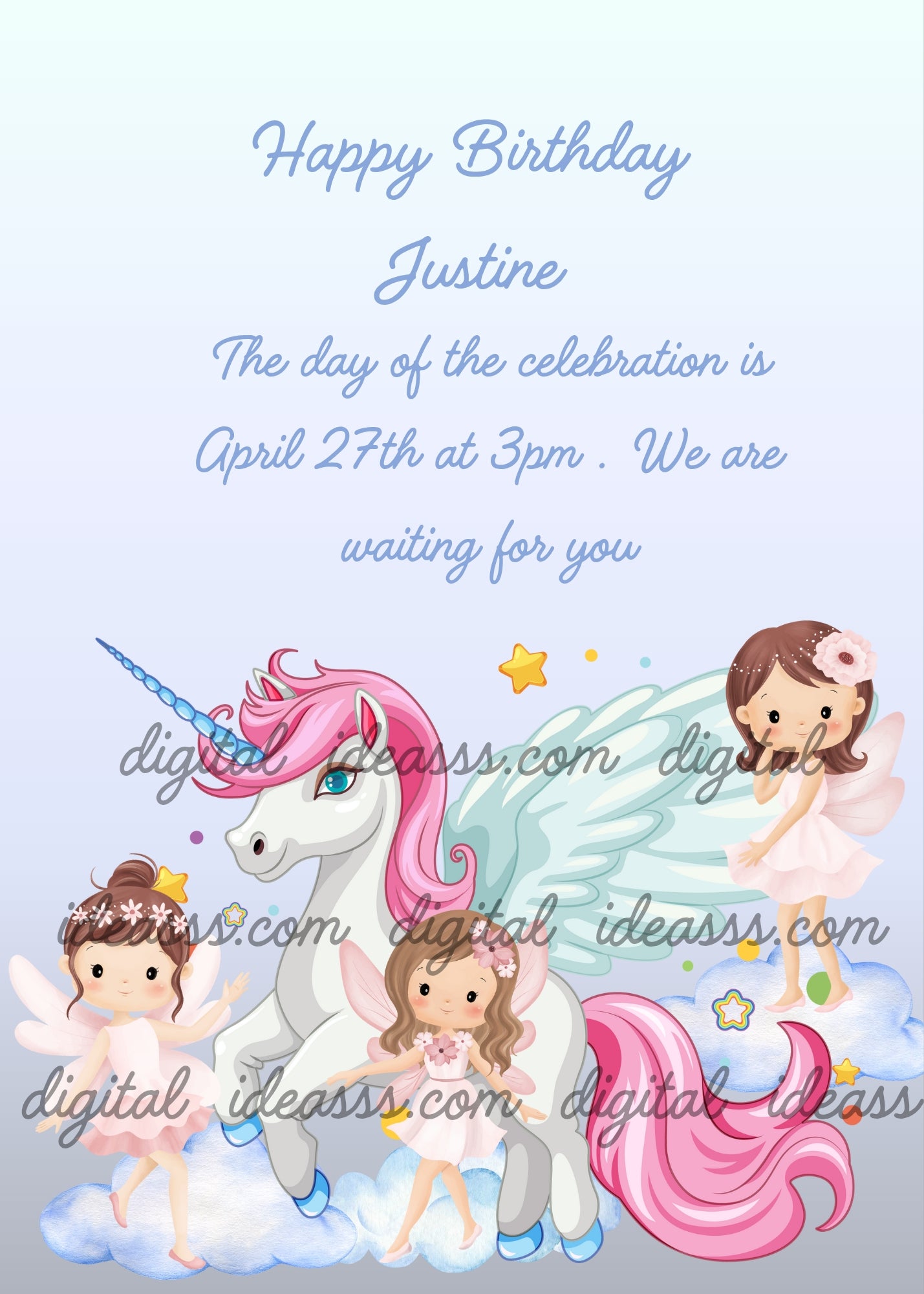 Three little fairies teach the unicorn to fly. Printable birthday card for girls 6-12. 