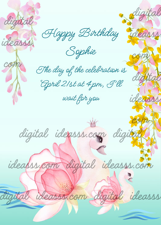 A blue shade for a pond, two swans half flowers. On the sides pink and yellow flowers of Wisteria. Printable birthday card for girls 10-14.